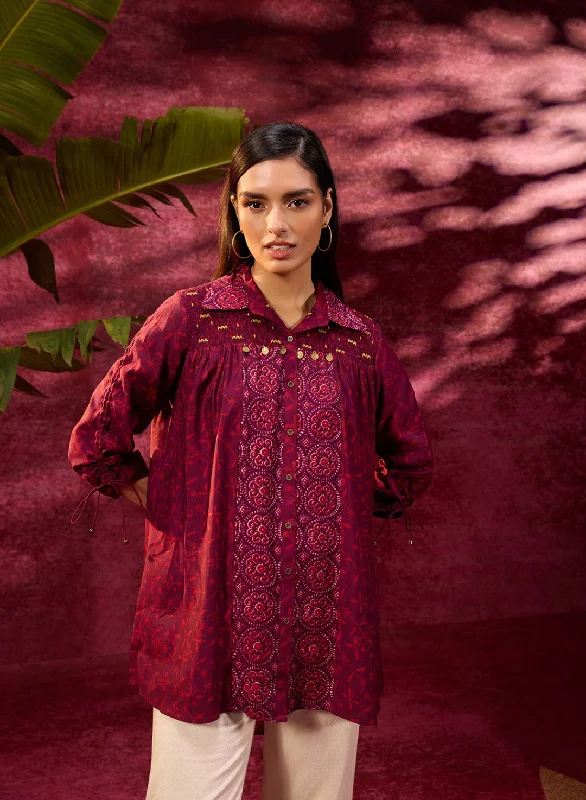 Naaz Burgundy Printed Chanderi Long Shirt For Women