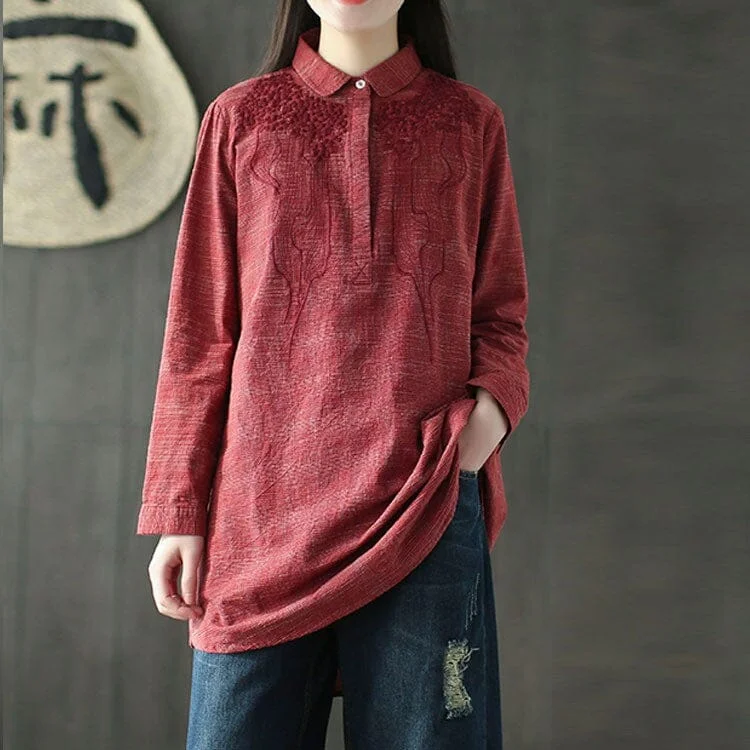 Women Spring Retro Embroidery Cotton Linen Blouse