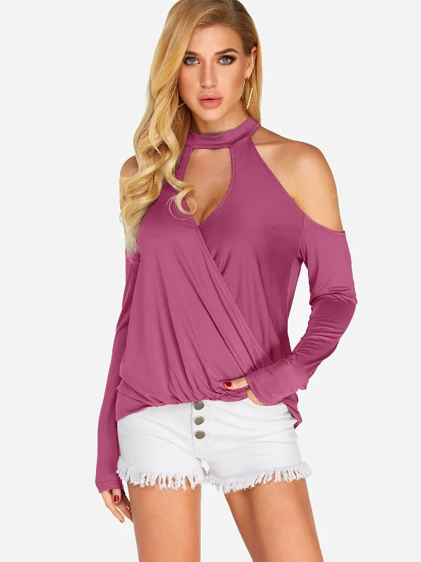 OEM ODM Halter Crossed Front Cut Out Long Sleeve Rose T-Shirts