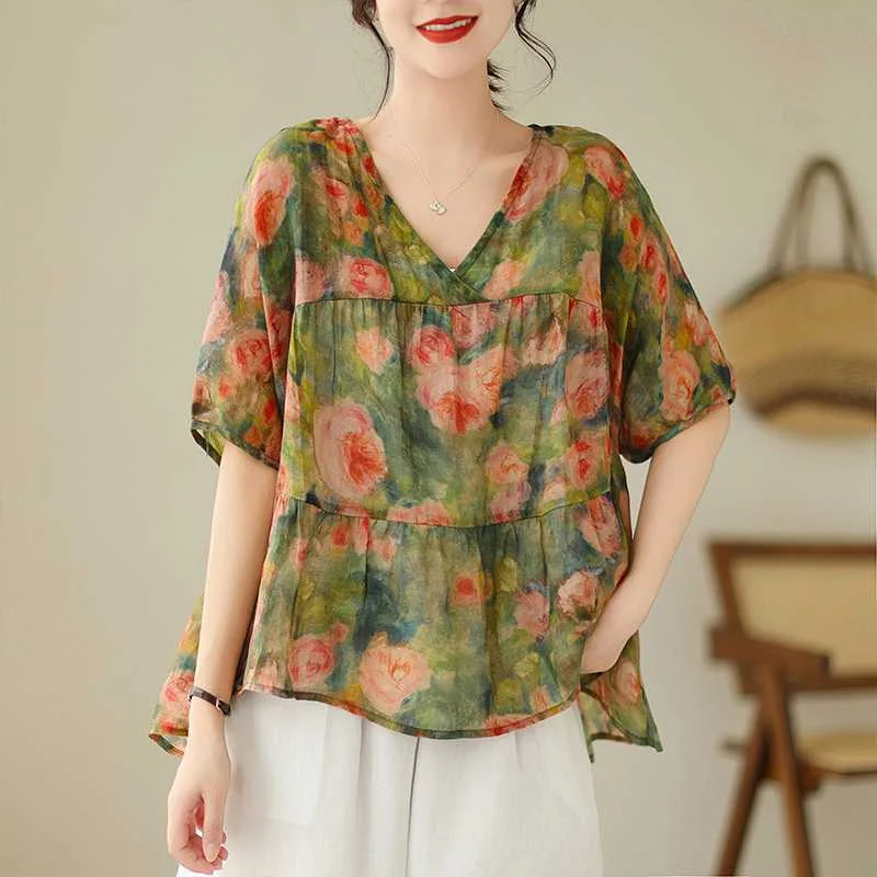 Summer Printed Ruffled V-neck Linen Blouses