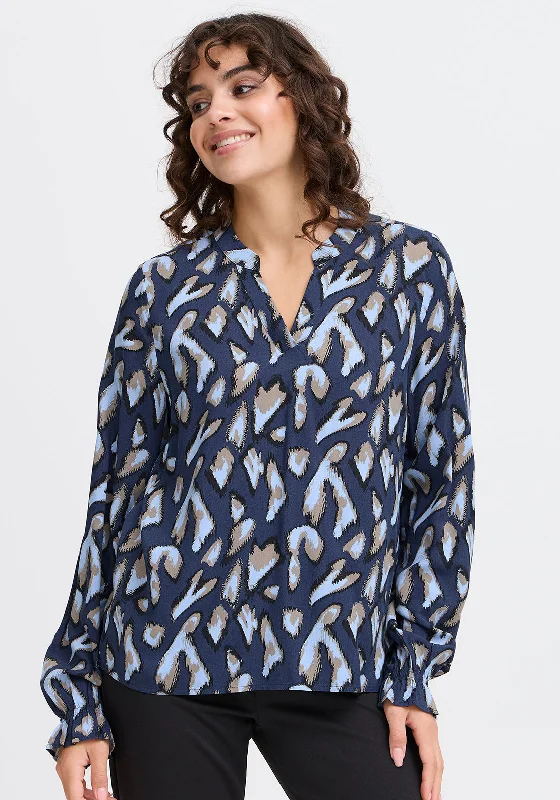 Fransa Flowy Animal Print V Neck Blouse, Navy