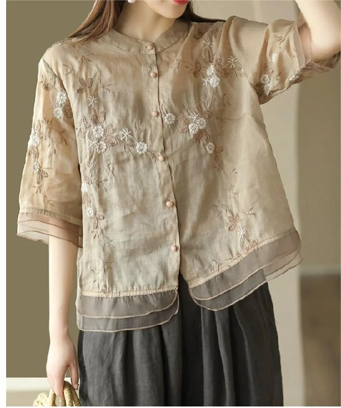 Summer Ramie Short Sleeve Floral Embroidery Blouse