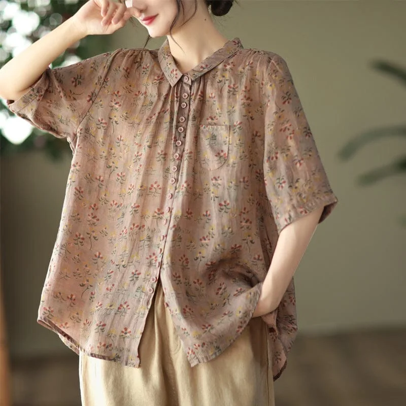 Women Retro Loose Casual Floral Linen Blouse