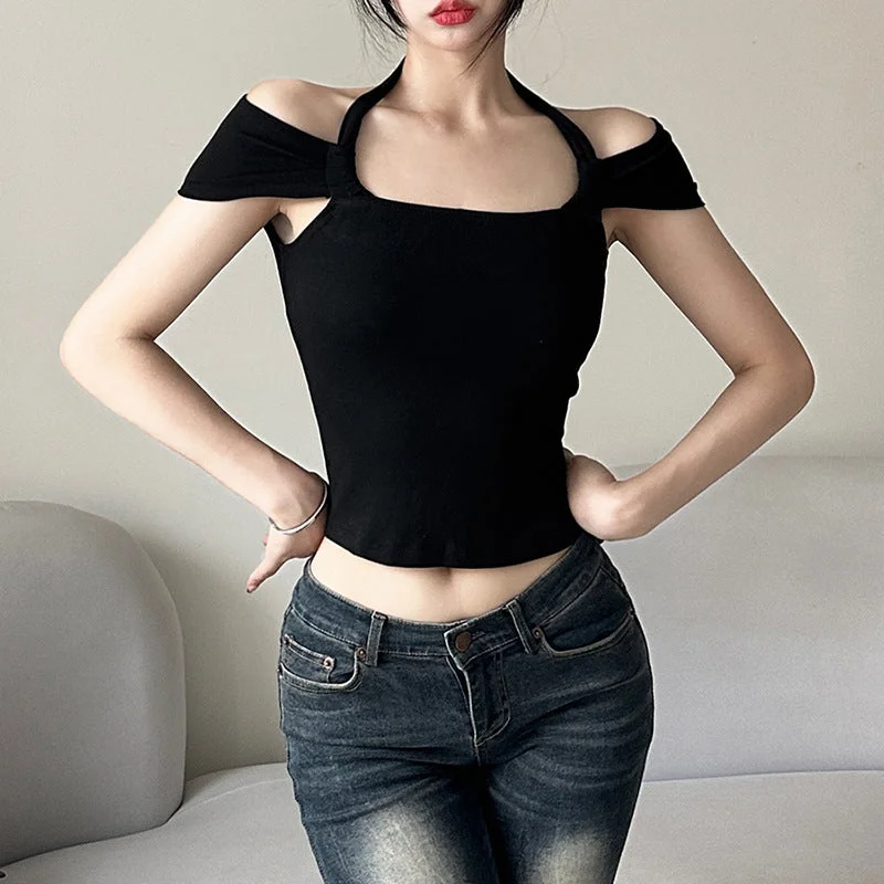 summer new women solid color va va voom neck collar T-shirt women. LL-312