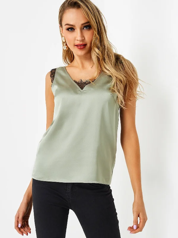 Custom V-Neck Lace Sleeveless Green Camis