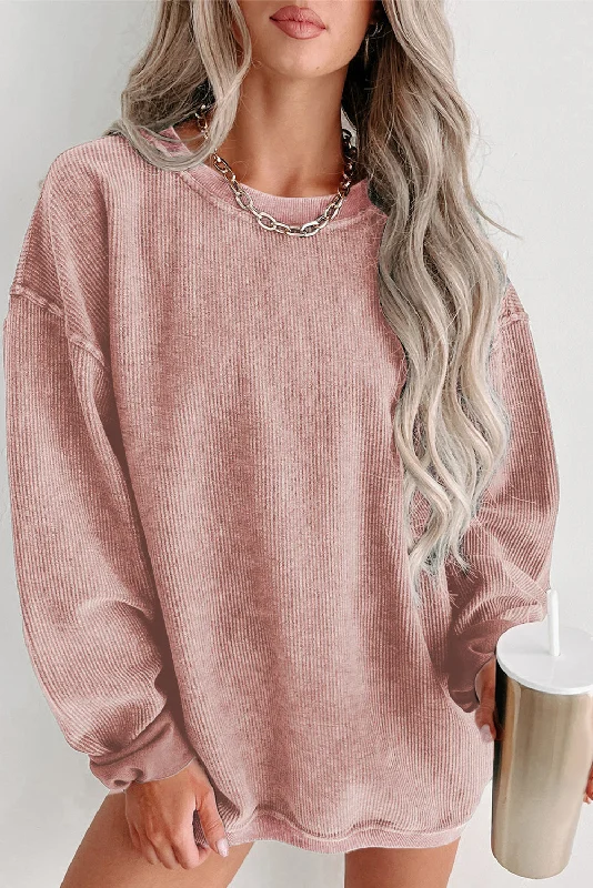 BerryBetty - Pink Solid Ribbed Knit Round Neck Pullover Sweatshirt