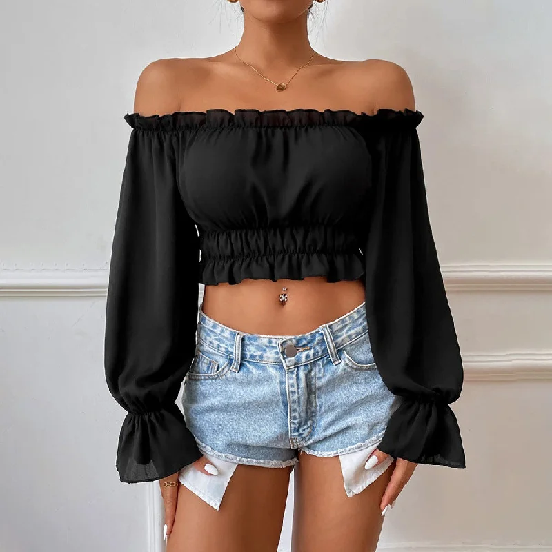 Sexy Off Shoulder Puff Sleeves Solid Color Slim Wholesale Crop Tops