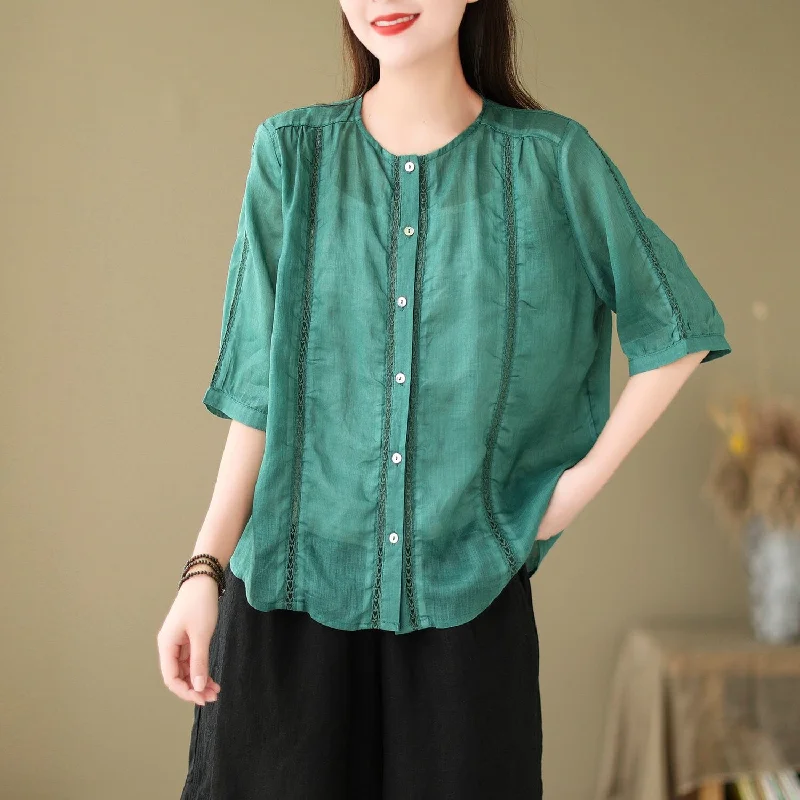 Women Summer Linen Patchwork Casual Blouse