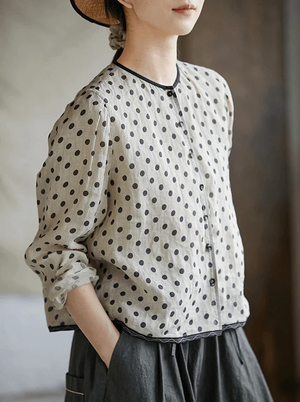 Babakud Women Trendy Linen Polka Dot Blouse