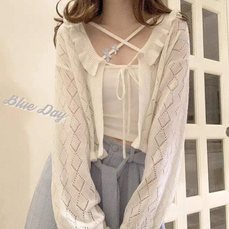 RETRO CREAM WHITE HOLLOW KNIT CARDIGAN BY90182