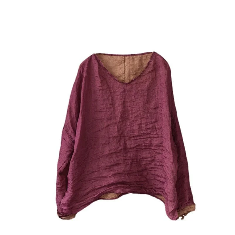 Women Spring Summer Retro Linen V-Neck Blouse