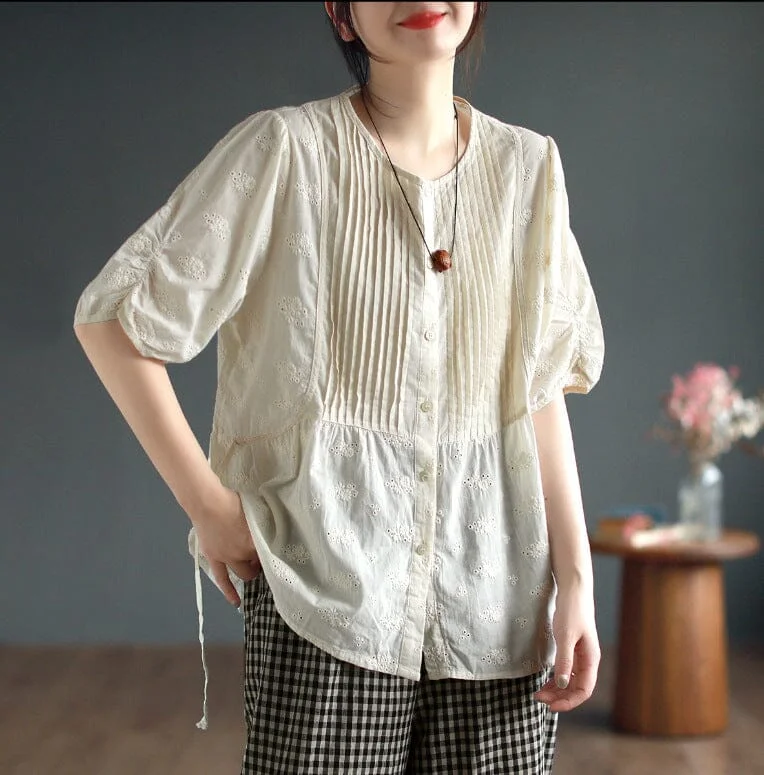 Summer Retro Loose Solid Linen Embroidery Blouse