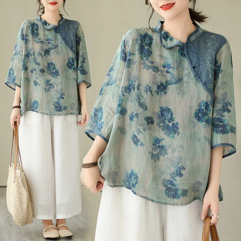 Women Summer Loose Retro Linen Blouse Plus Size