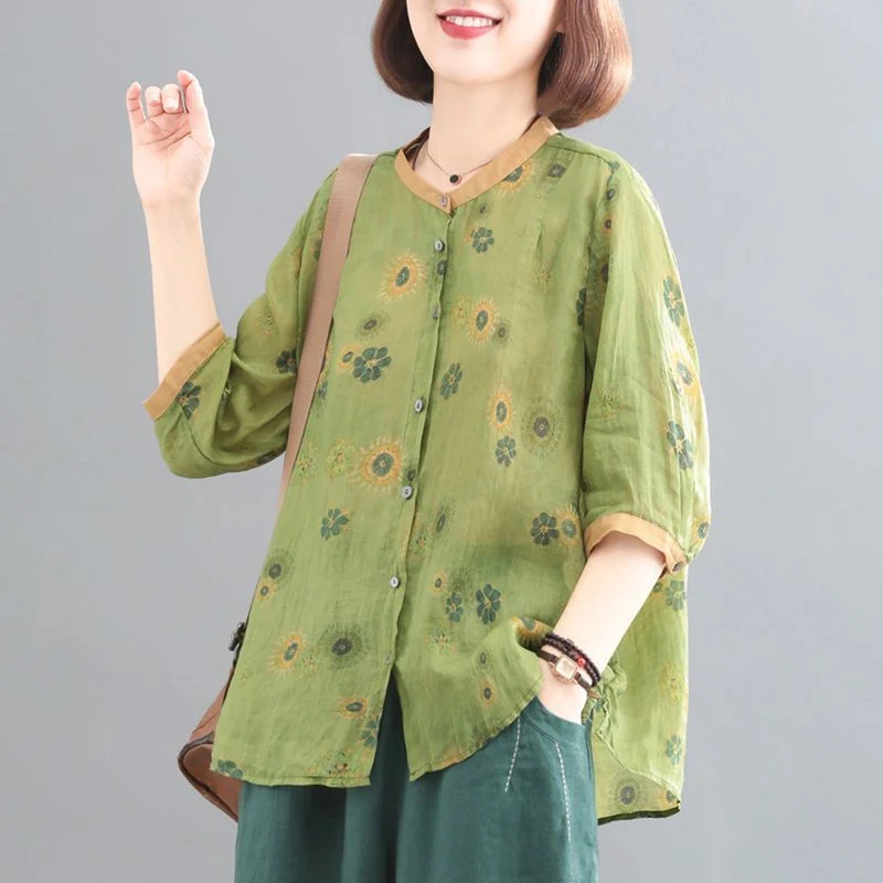 Vintage Printed Casual Cotton Linen Shirts for Women