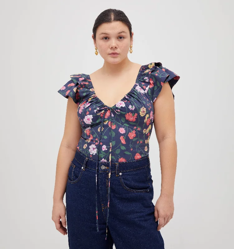 The Zuri Top - Navy Peony Bouquet Cotton Sateen