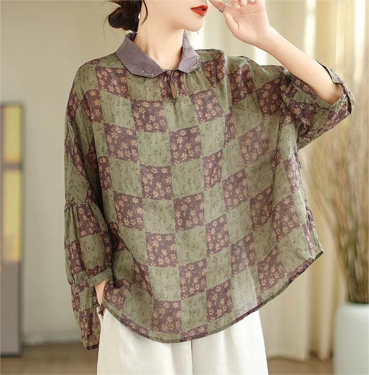 Vintage Lapel Embroidered Floral Cotton Linen Shirts