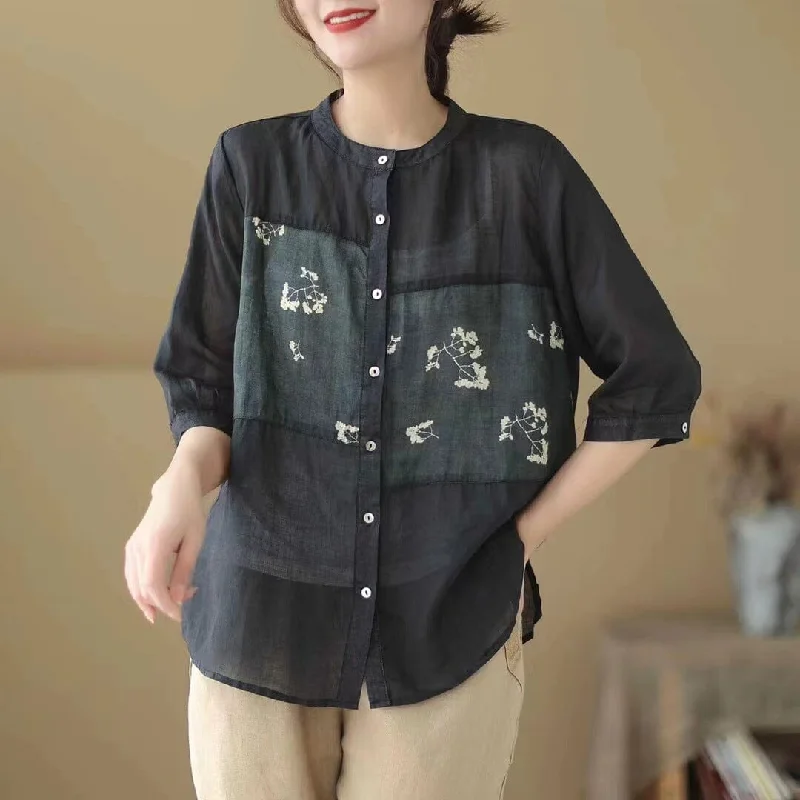 Women Summer Casual Linen Floral Patchwork Blouse