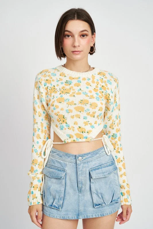 Printed Sweater Top With Side Drawstrings