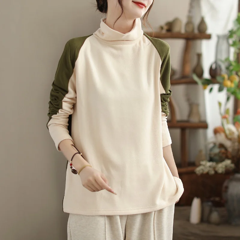 Women Color Matching Fashion Casual Turtleneck Shirt