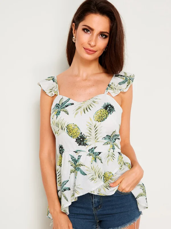 Custom V-Neck Floral Print Zip Back Backless Sleeveless Ruffle Hem Tank Top