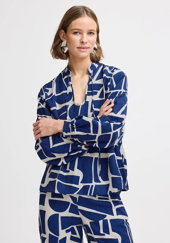 b.young Hamma Geometric Print Blouse, Navy and Cream