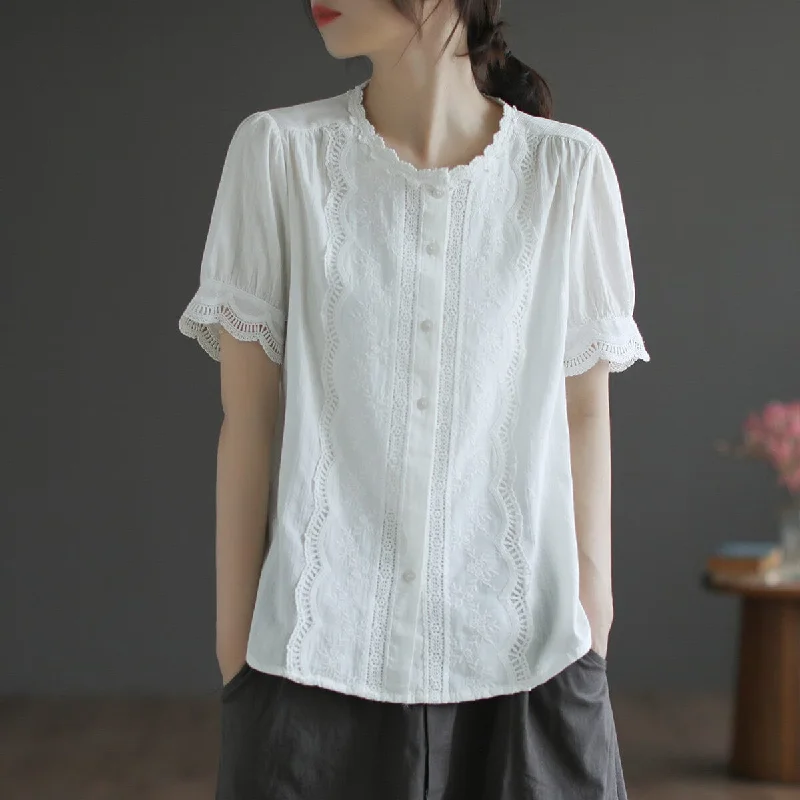 Women Retro Lace Trim Cotton Loose Summer Blouse