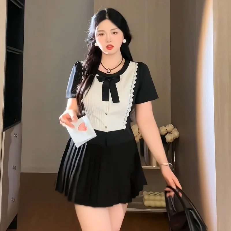 Black tie white lace stitching shirt skirt cute school style LL-635