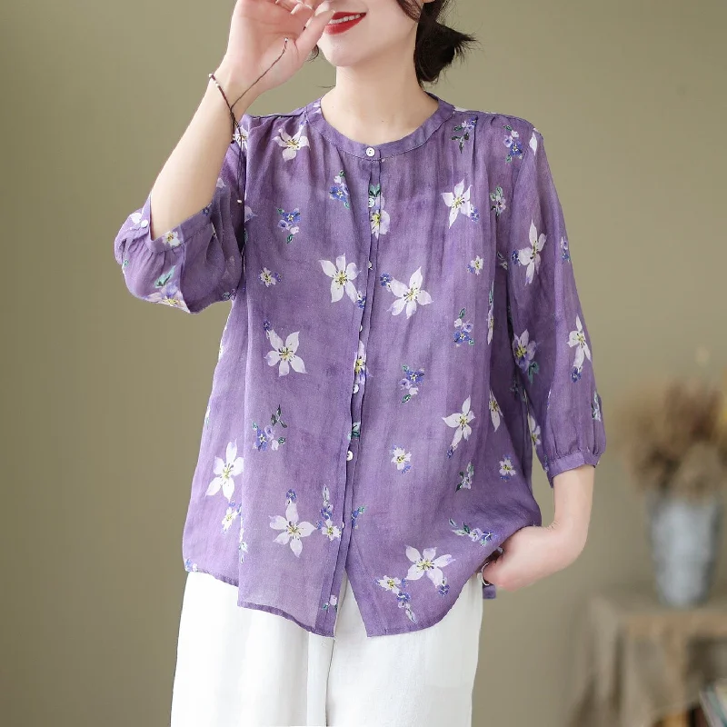 Spring Summer Retro Flowers Loose Linen Blouse