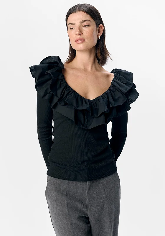 Object Emilie Frill Ribbed Top, Black