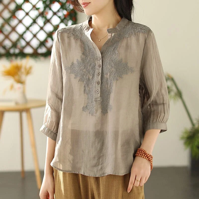 Spring Retro Solid Embroidery Linen Blouse