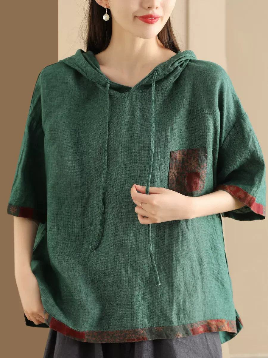 Babakud Women Vintage Linen Patchwork Hoodie