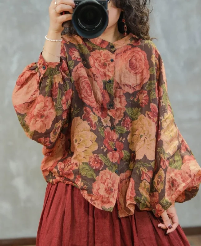 Plus Size Retro Peony Printed Loose Ramie Shirts