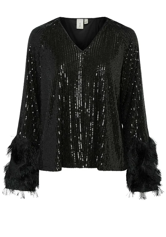 Y.A.S. Flow Fringe Trim Sequin Top, Black