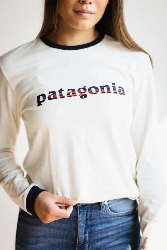 Patagonia Women’s Long Sleeve 73 Logo Responsibili-Tee in Birch White | 37787-BCW