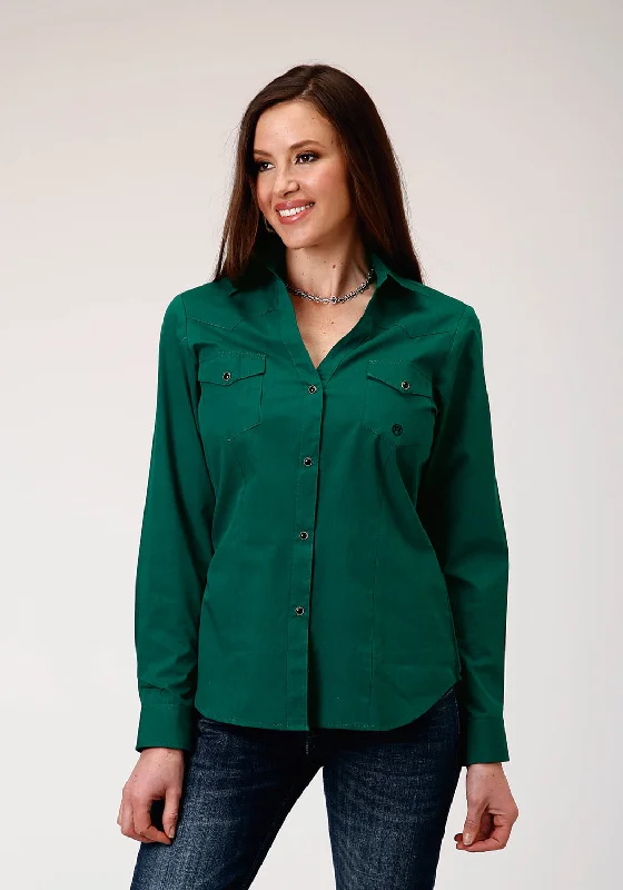 Roper Womens Black Fill Solid Green 100% Cotton L/S Shirt