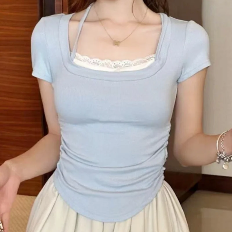 Fake two lace short-sleeved T-shirt women Xia Chun wants to design a short square collar top LL-510