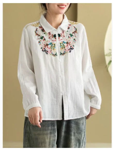 Women Retro Embroidery Spring Casual Loose Blouse