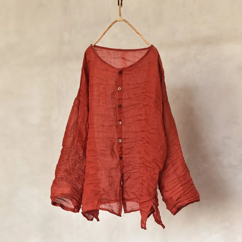 Women Autumn Retro Linen Pleated Blouse