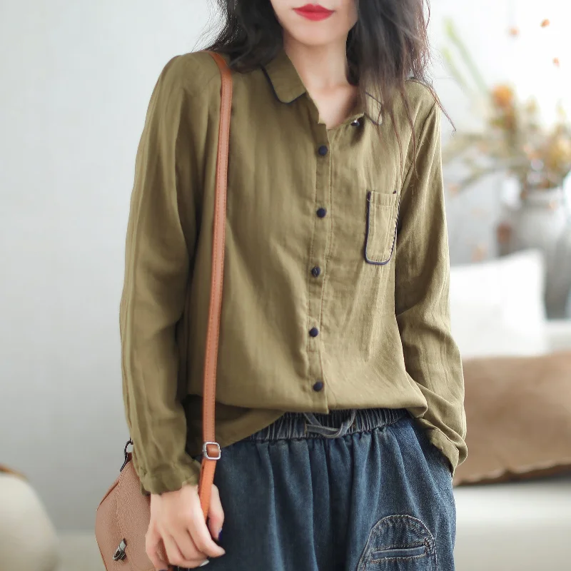 Women Autumn Cotton Solid Retro Casual Blouse