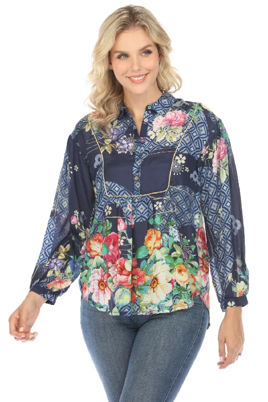 Johnny Was Fanny Ailana Silk Floral Blouse Boho Chic C11624B2