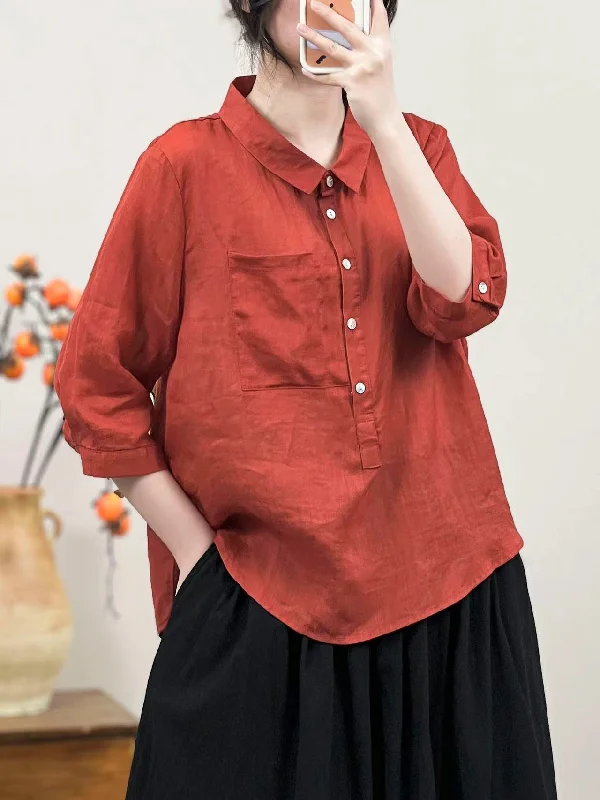 Women Linen Solid Color Retro Shirt