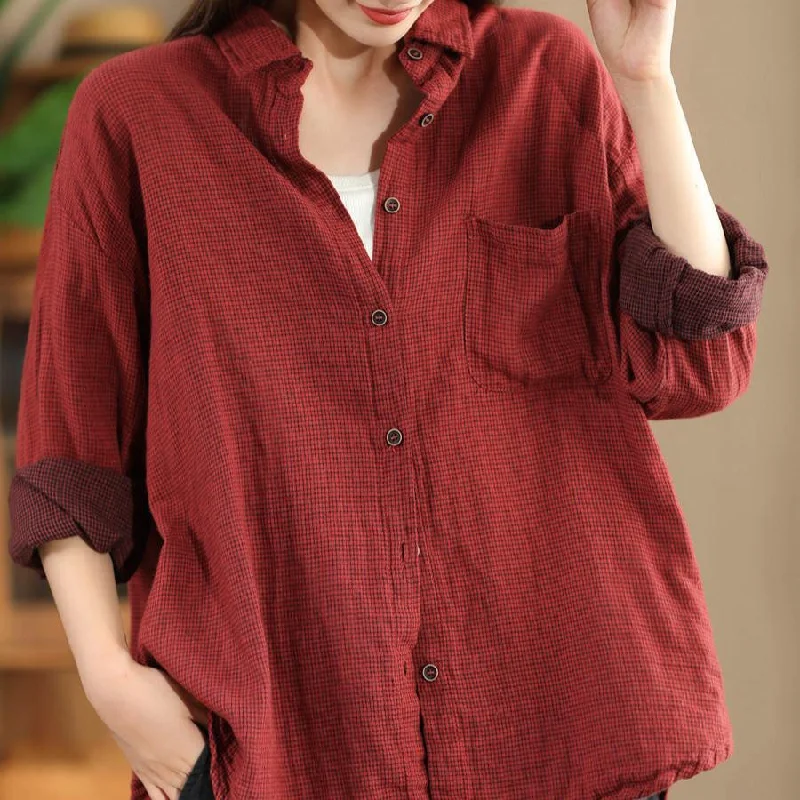 Babakud Women Autumn Retro Fine Plaid Cotton Blouse