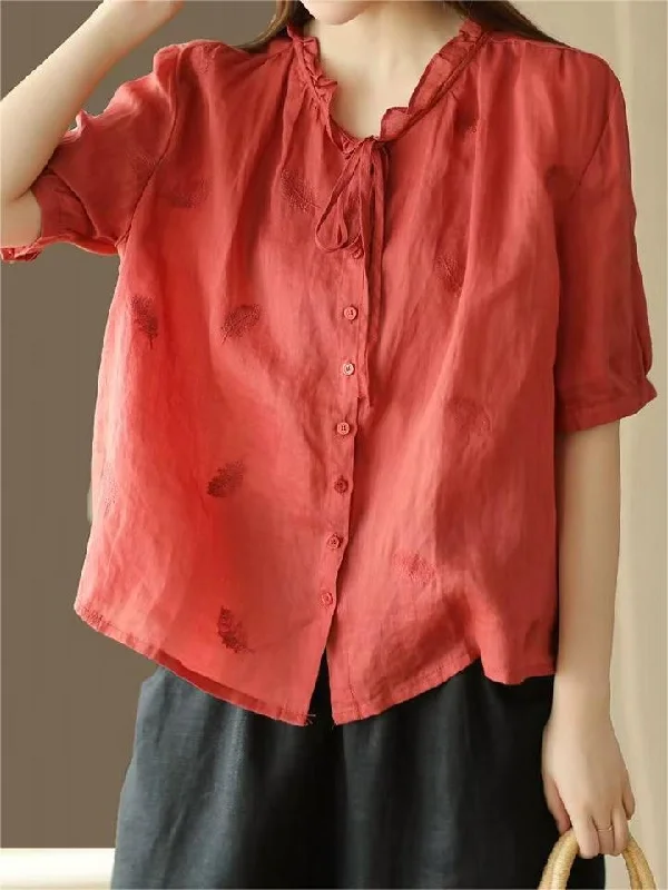 Ramie Embroidery Short Sleeve Shirt