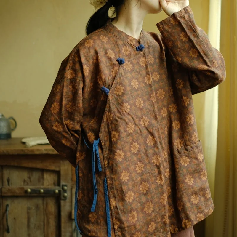 Babakud Women Autumn Retro Linen Blossom Top