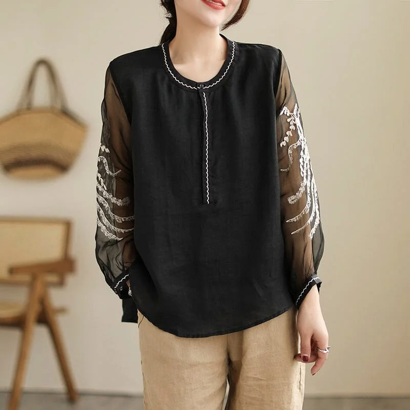 Spring Summer Retro Mesh Linen Patchwork Blouse