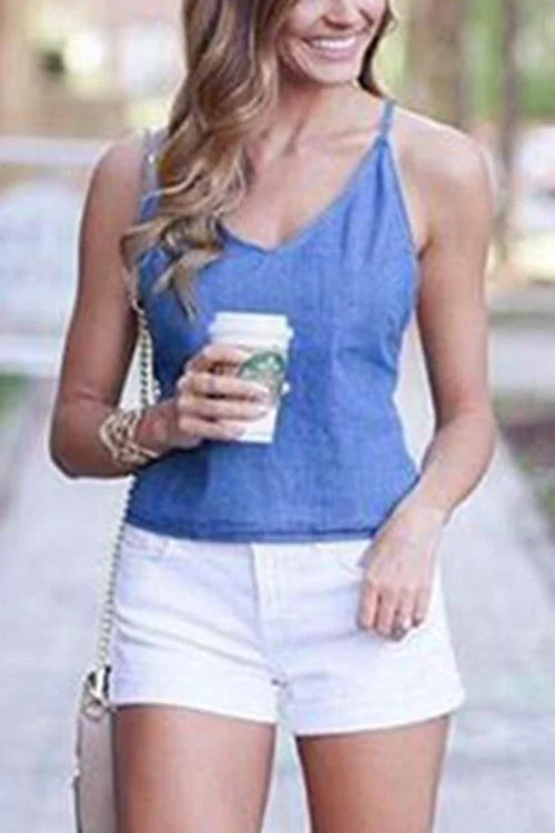 Custom V-Neck Backless Lace-Up Sleeveless Blue Camis