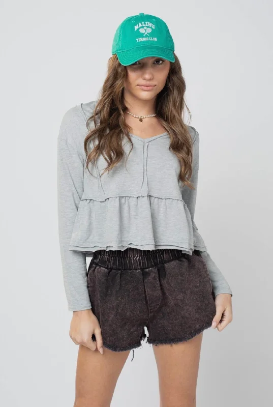 Grey Detail Crop Ruffle Top