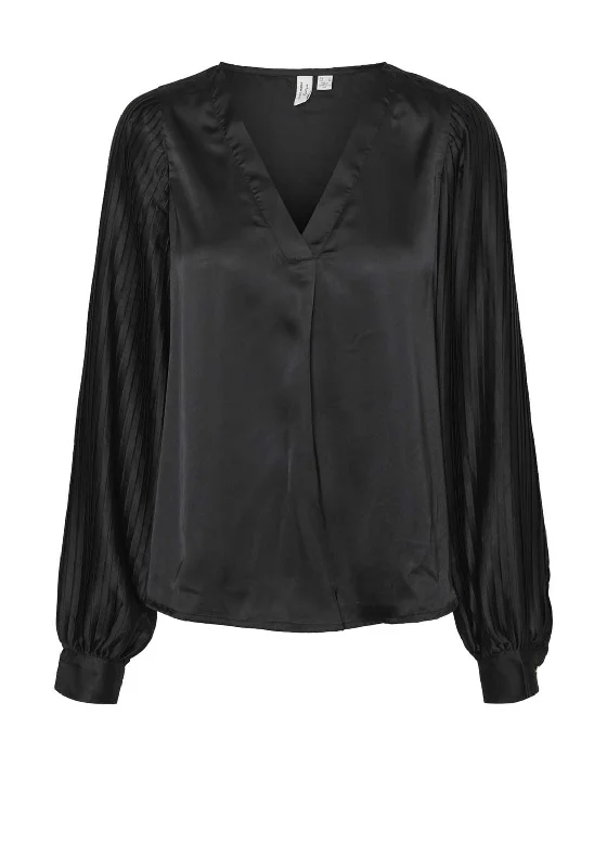 Vero Moda Tara Pleated Sleeve Satin Blouse, Black