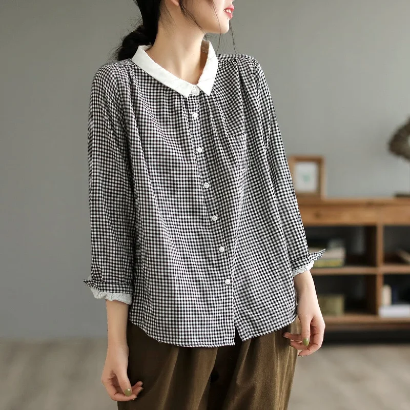 Spring Casual Plaid Double-Layer Cotton Blouse