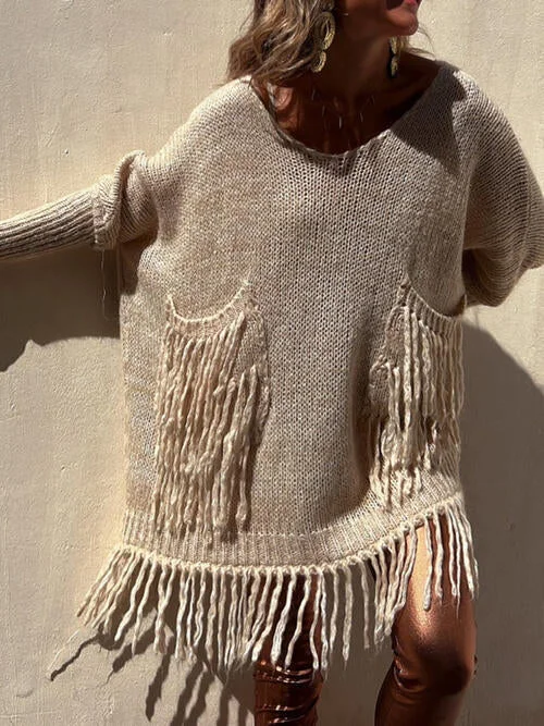 TastyHottie - Fringe Detail Long Sleeve Sweater with Pockets